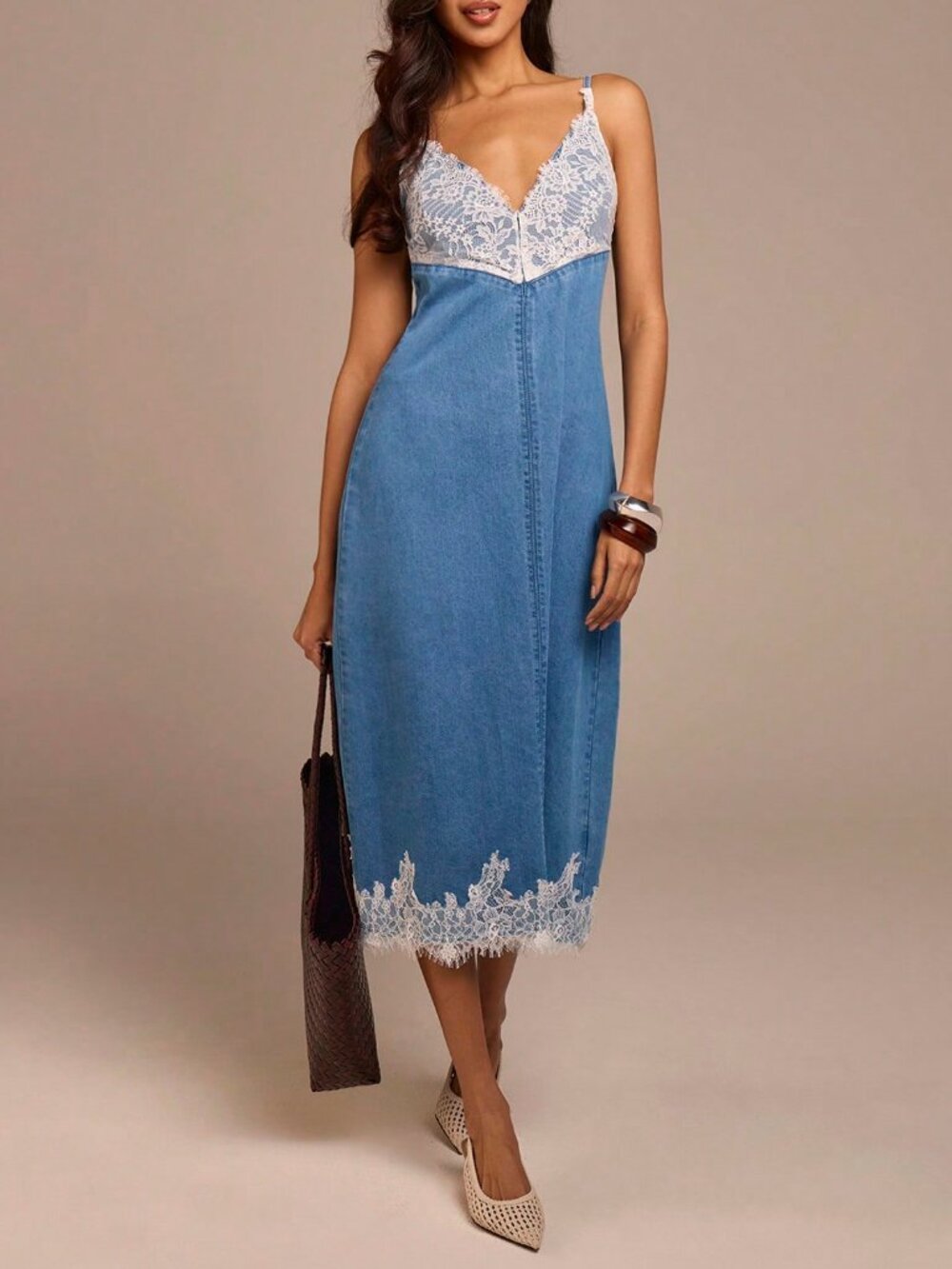 Blue Casual Women's lace detailed Denim midi Dress - Picture 4 of 6
